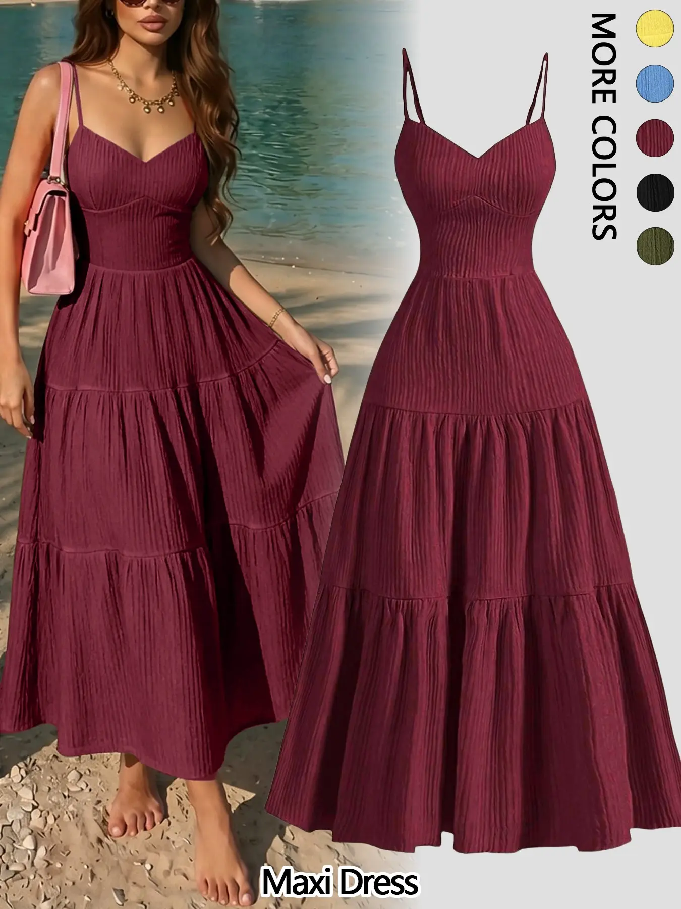 Elegant Plain Long Flowy Summer Dress with Thin Straps and Layered Ruffle Waist, Casual Fitted Women's Clothing, Lightweight and Comfortable Dress, Casual Wear