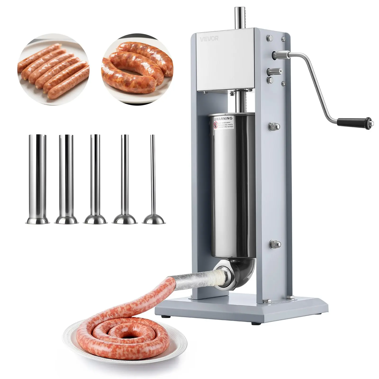 VEVOR Manual Sausage Stuffer Machine, 11 lbs/5 L Food Grade Vertical Meat Filler, Heavy Duty Stainless Steel Dual-Speed Kitchen Tool with 5 Shaped-Hole Filling Tubes, Smoother Operation for Home & Commercial Use, Inches-Sized Components