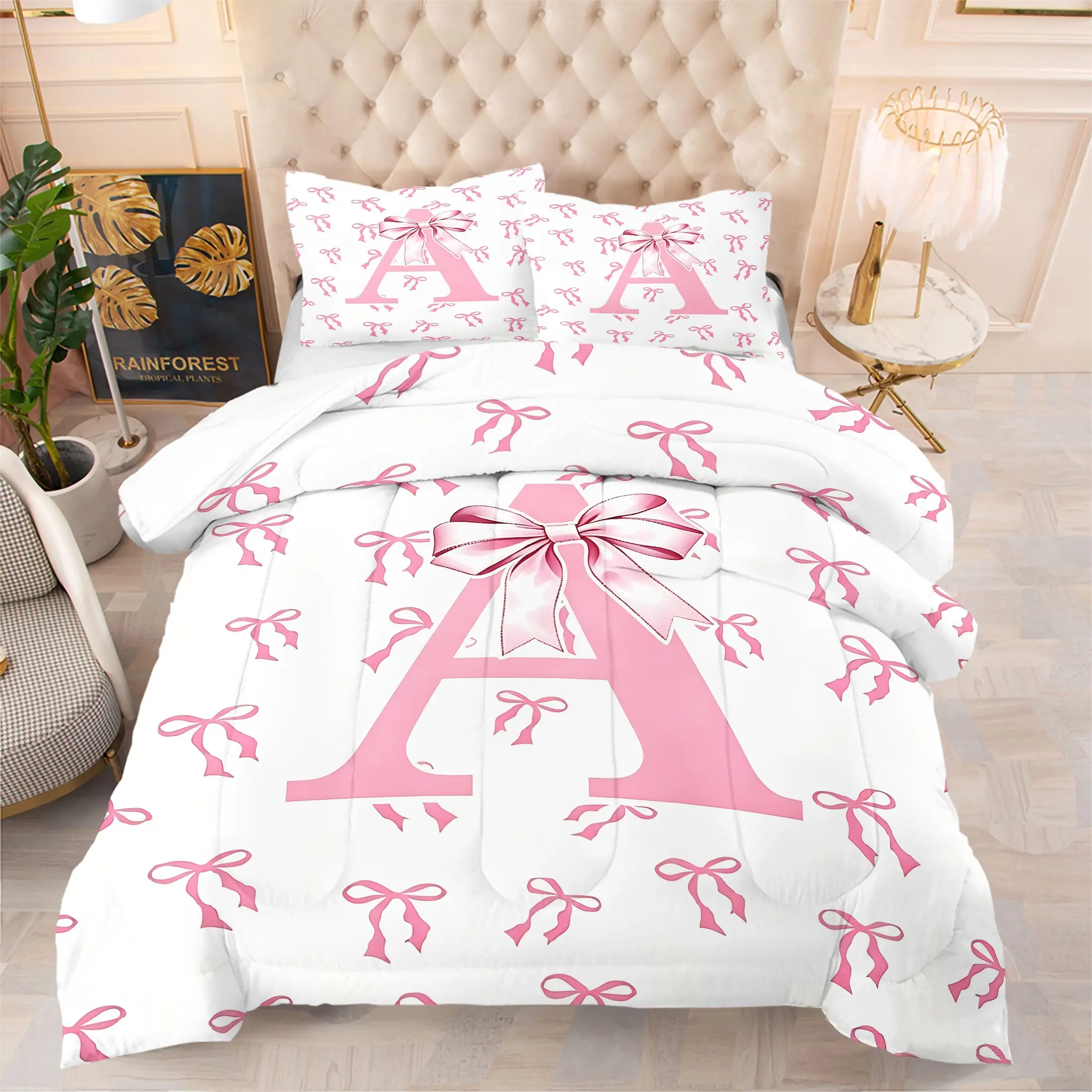 2/3Pcs Initial Letter Pink Bowknot Comforter Set, Creative A-Z Alphabet Bedding Sets with Pillowcase, Kawaii Style Home Decor, Comfortable and Warm for All Seasons, Perfect for Bedroom and Dormitory, Girls Holiday Gift, Quilt Bedding Set