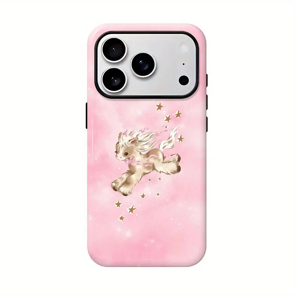 "Pony Dreams" Cellphone Casing - Pink Background, White Stars, Tan Pony Motifs - Protective Mobile Phone Accessory for Women's Devices