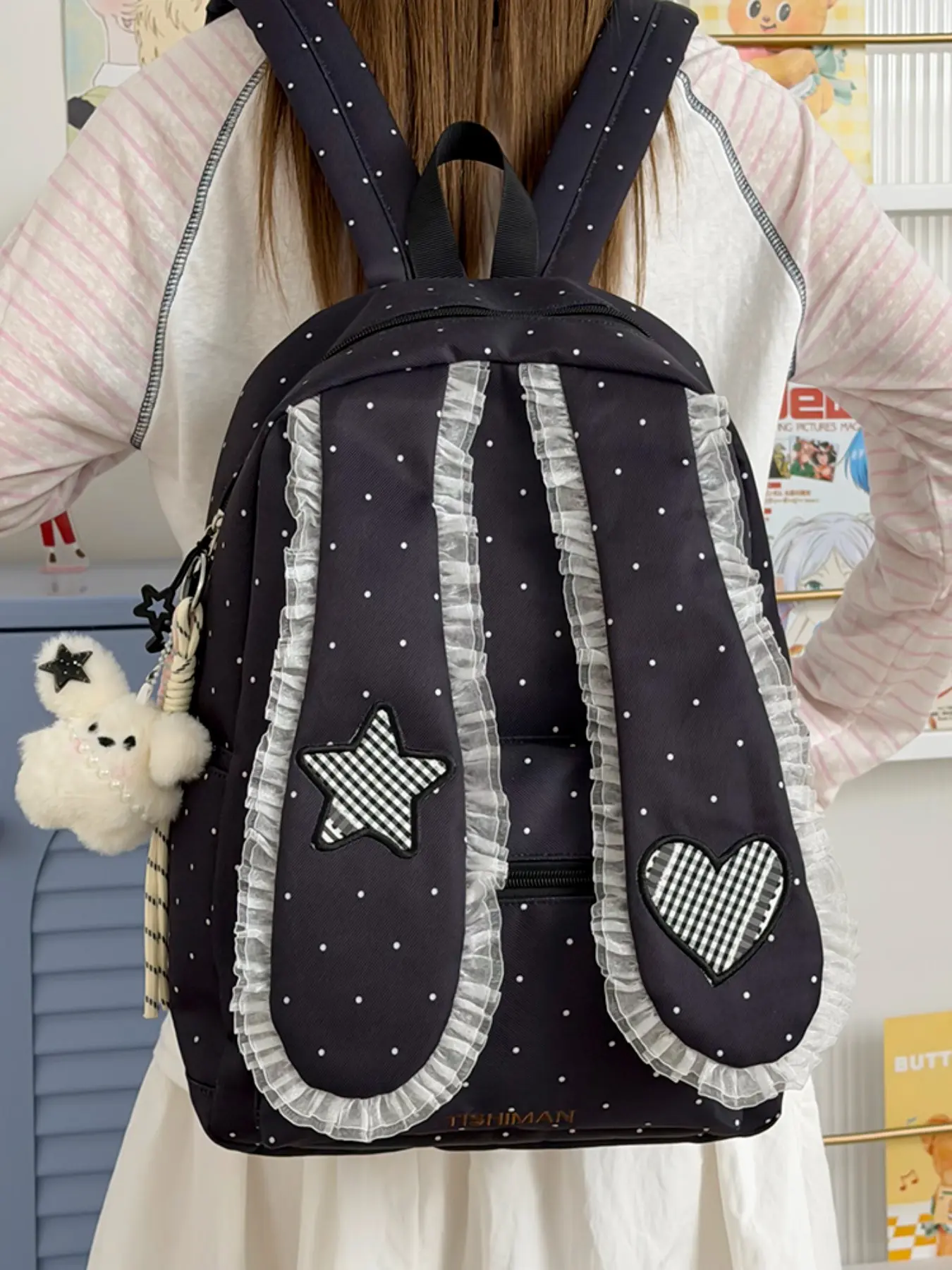 Japanese Style Cute Polka Dot Backpack, Rabbit Ears Design, Large Capacity School Bag, Girls' Campus Commuter Bookbag, Fabric Material, Bunny Backpack