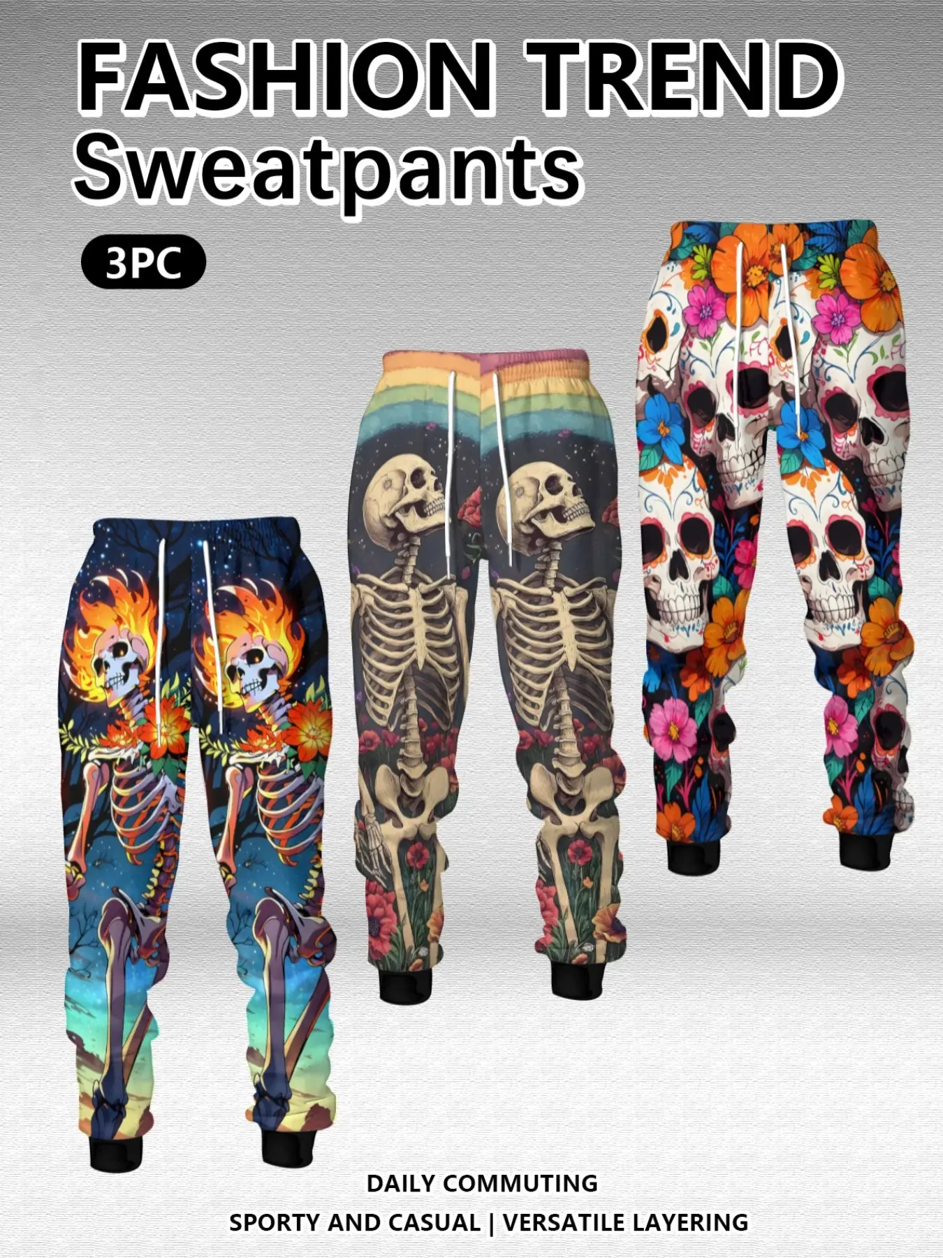 3-Piece Set Men's Mexican Day of Dead Style Sugar Skull Floral Ankle Pants, Retro Rock Skull Print Sports Pants, Casual All-Season Wear