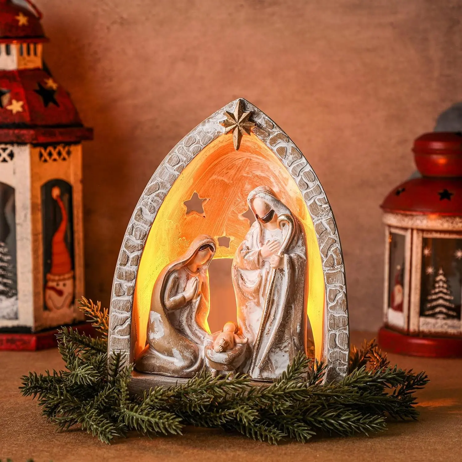 Nativity Sets for Christmas Indoor Holy Family Manger Scene Small Nativity Set with LED Lights Resin Figurine Tealight Candle Holder Tabletop Decor Gift for Holiday(6.7 x 5.5 x 3.9 Inch)