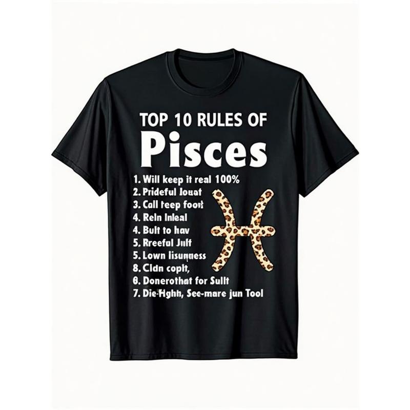 Pisces Men's T-Shirt - Funny Birthday Gift, Black Leopard Print Short Sleeve, Breathable Cotton Casual Formal Two Ways, Ideal Zodiac Gift for Pisces Season (February 19 to March 20), Casual Top