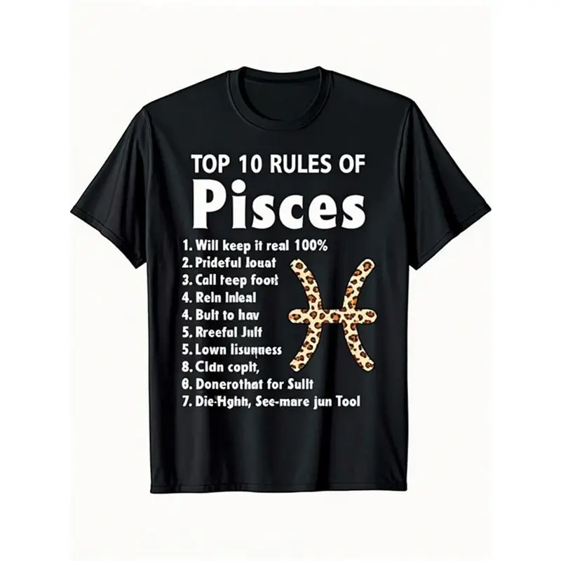Pisces Men's T-Shirt - Funny Birthday Gift, Black Leopard Print Short Sleeve, Breathable Cotton Casual Formal Two Ways, Ideal Zodiac Gift for Pisces Season (February 19 to March 20), Casual Top