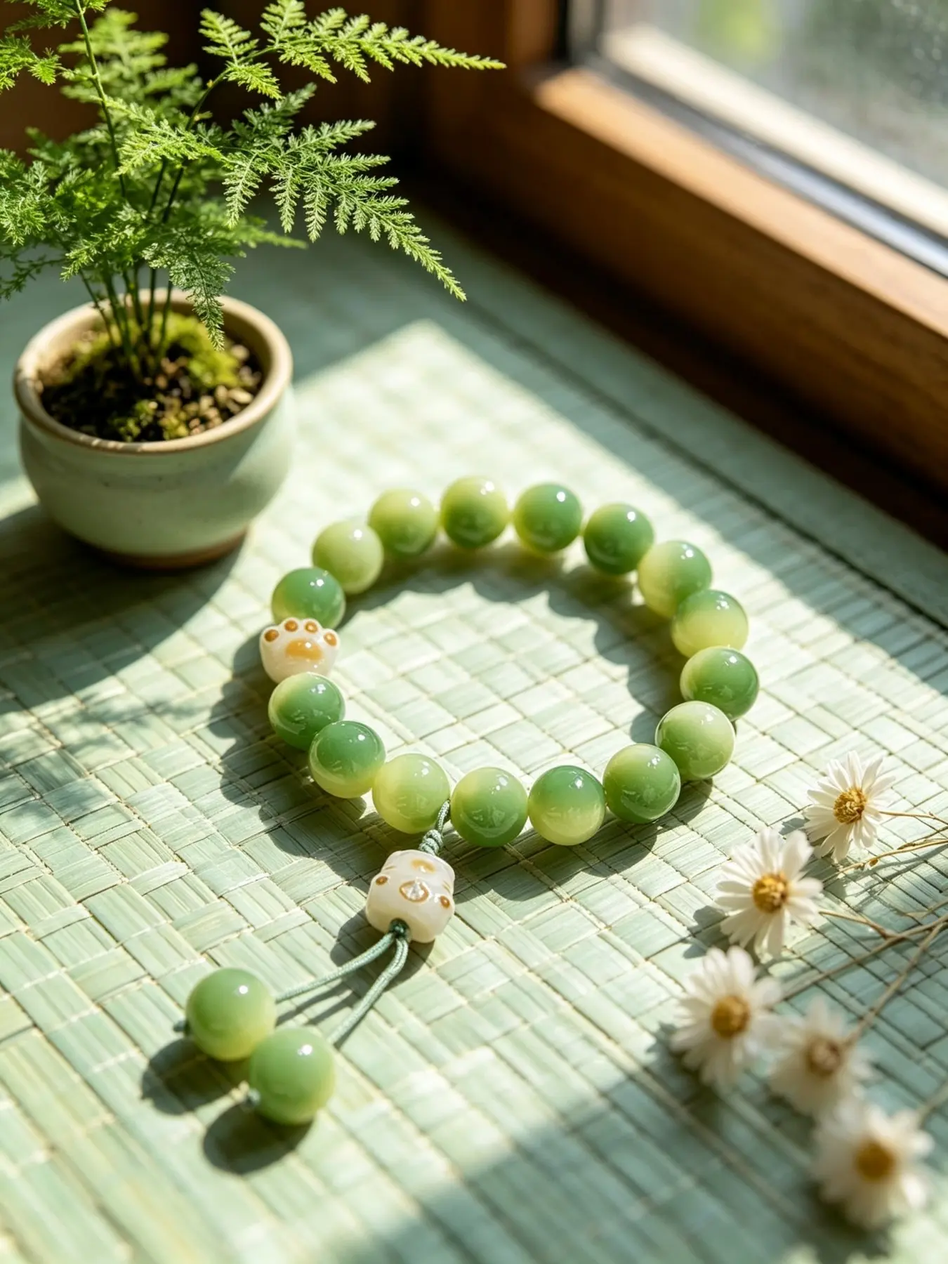 Green Bodhi Root Cute Cat Paw Accent Ombre Green Healing Wristband for Daily Wear, Tea Ceremony Moments & Meditation Practice, Thoughtful Healing Gift to Nurture Steady Inner Peace & Bring Soft Continuous Good Luck