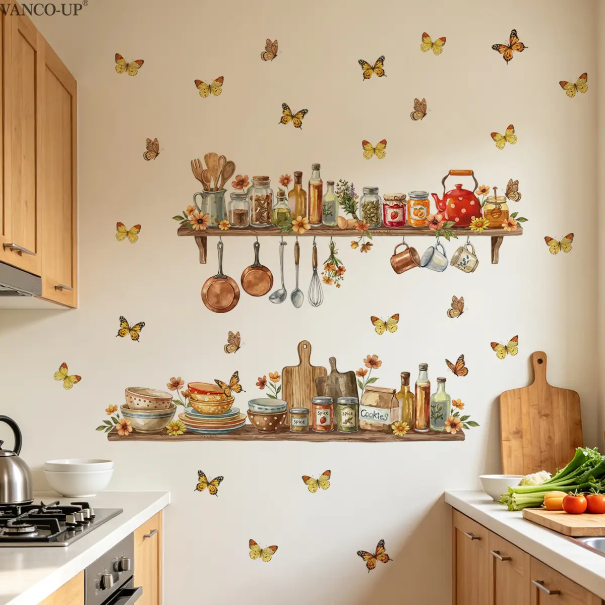 2Pcs Set (3090cm2pcs) Vintage Watercolor Kitchen Utensil Storage Rack Self-Adhesive Wall Stickers, Home Decor, Decor Decals for Stove & Refrigerator