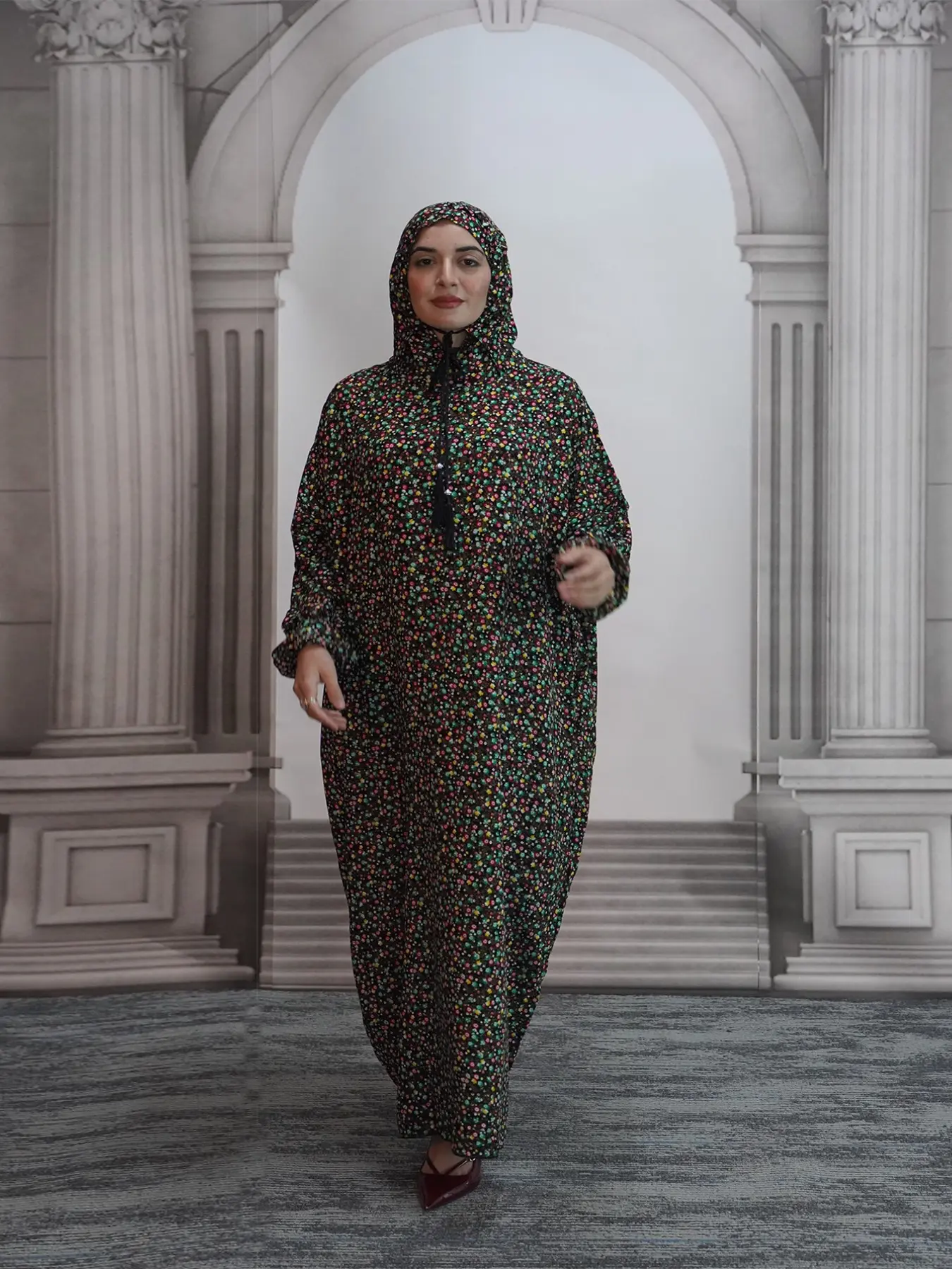 Middle East Fall Winter Hooded Kaftan Drawstring Plus Size Fashion Floral Dress, Loose Fit Long Lantern Sleeves, Modest Casual Wear
