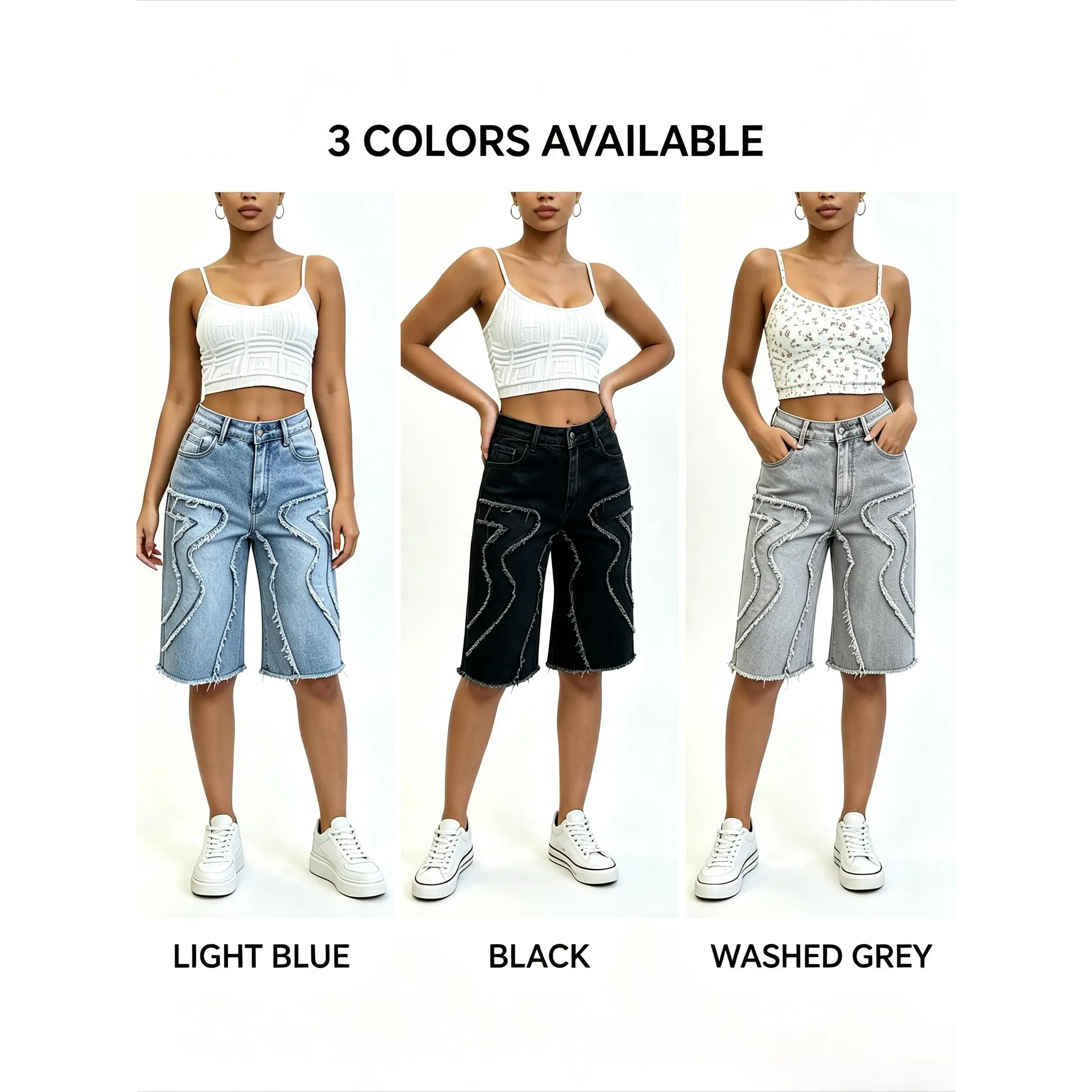 Women Mid‑Rise Stretchy Baggy Denim Bermuda Shorts, Frayed Patchwork Raw Hem Straight Leg Jorts, 3 Colors Light Blue Black Washed Grey Plus Size Up To XXXL