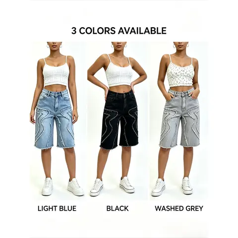 Women's Mid-Waist Cotton Blend Knee-Length Stretchy Baggy Jean Shorts - Bottom, Frayed Patchwork Design, Raw Hem, Raw Wash, Straight Leg Streetwear - 3 Colors (Light Blue, Black, Washed Grey) Plus Size Up To XXXL, Midi Length, Xlarge Shorts
