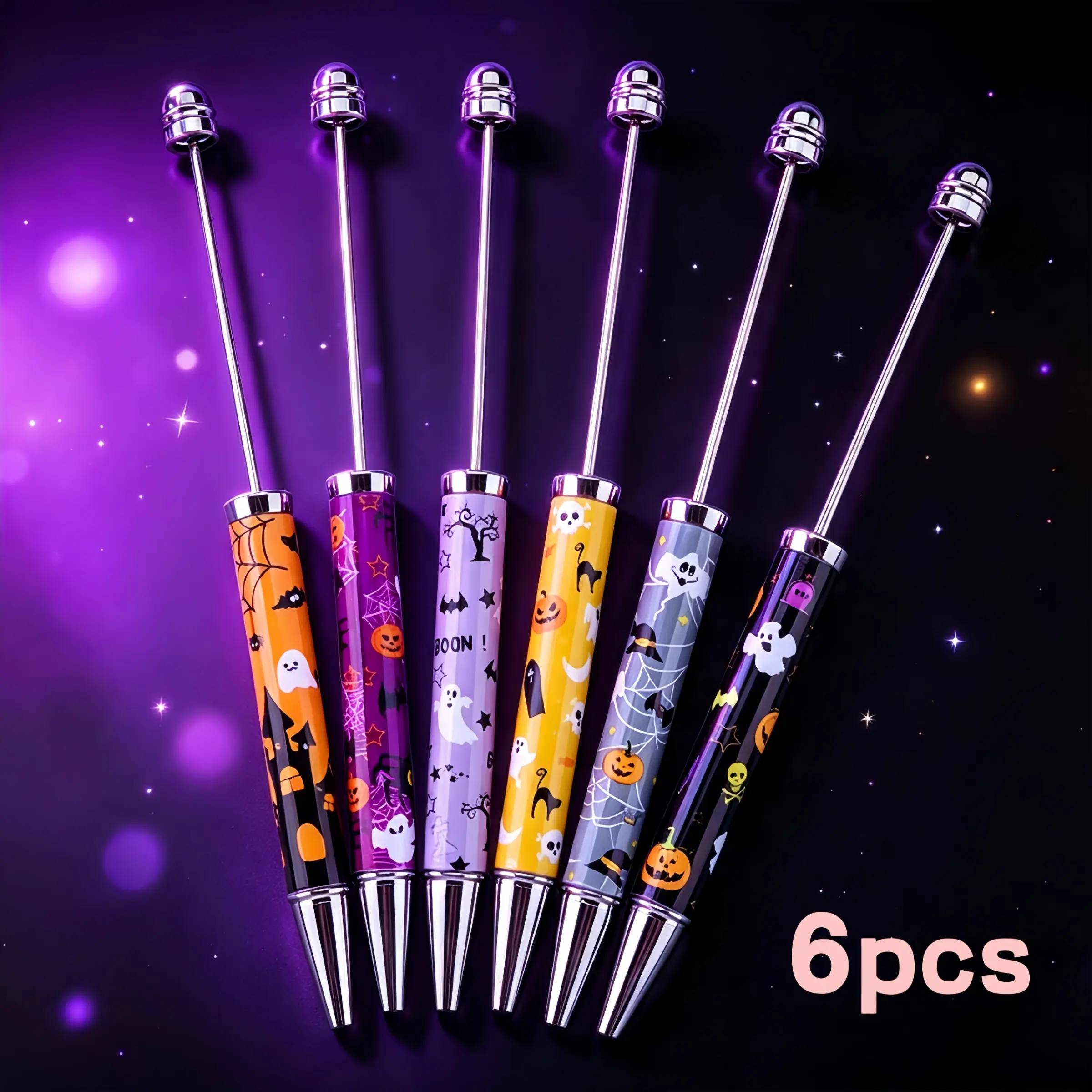 6pcs Halloween Cartoon Beaded Pens, Ghost Pumpkin Print DIY Ink Ballpoint Pens, Festive Gift for Office and School Supplies