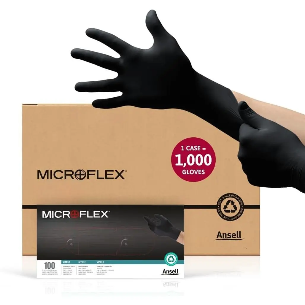 Ansell MICROFLEX  MK-296 Disposable  Gloves for Automotive, Law Enforcement w/Full Texture - Medium, Black (Case of 1000)