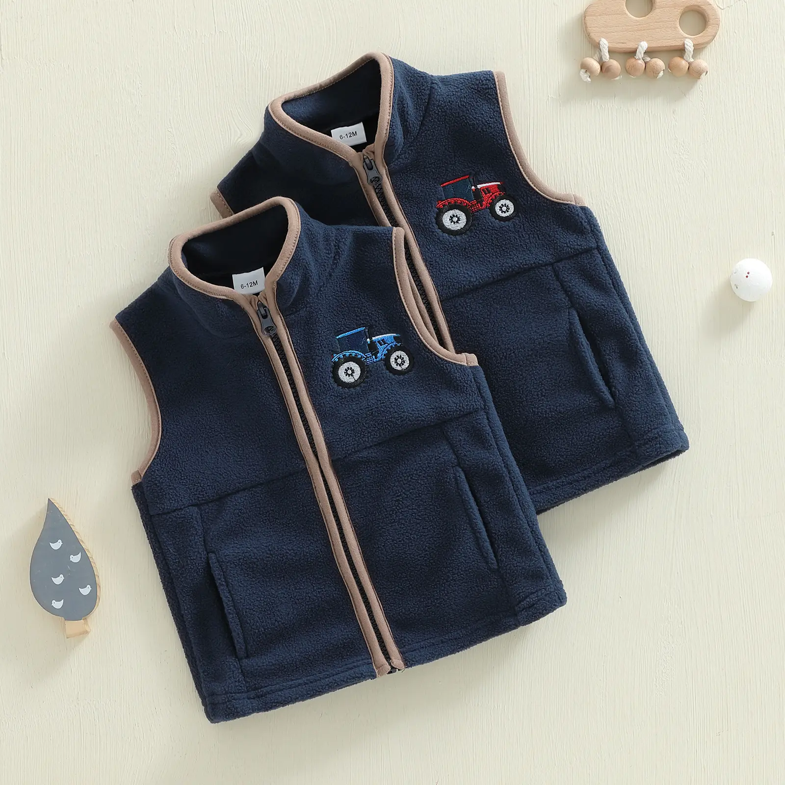 FOCUSNORM Toddler Boy Kids Fleece Winter Vest Warm Jacket Fall Outwear Vest Zip Up Tractor Embroidery Baby Infant Coat