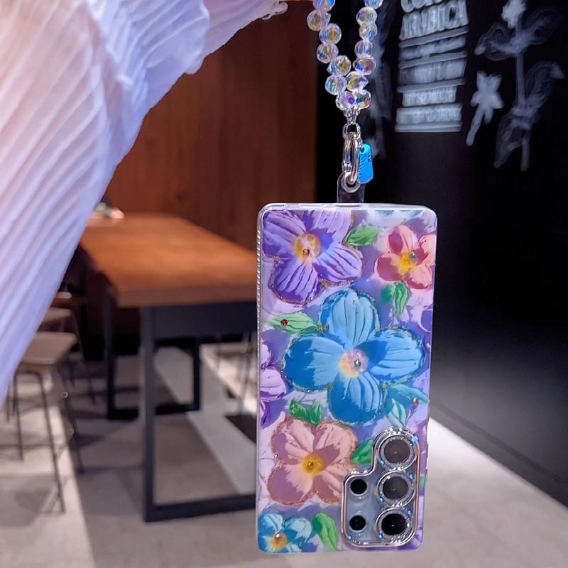 For S25/24/23/S22 blue light oil painting Green and Pink flower shell anti fall protective cover  HN201