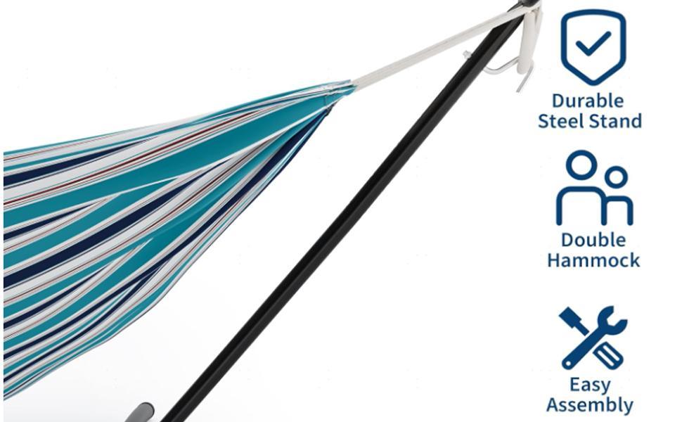 Single Hammock with Stand, Brazilian Style Cotton Fabric Portable Lounger, 450 lbs Capacity Heavy Duty, Easy Assembly Indoor Outdoor Use for Backyard, Balcony, Camping,Ocean Color