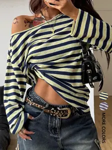 Women's Striped Baggy T-Shirt, Loose Fit Asymmetrical Shoulder Long Sleeve Top, Fashion Casual Cotton Y2K Teen Girl T-Shirt, Versatile Everyday Wear