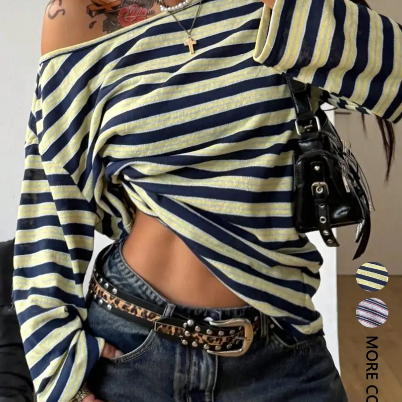 Women's Striped T-Shirt, Loose Fit Asymmetrical Shoulder Long Sleeve Top, Fashion Casual Streetwear Cotton Y2K Teen Girl T-Shirt, Versatile Everyday Wear