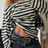 Women's Striped T-Shirt, Loose Fit Asymmetrical Shoulder Long Sleeve Top, Fashion Casual Streetwear Cotton Y2K Teen Girl T-Shirt, Versatile Everyday Wear