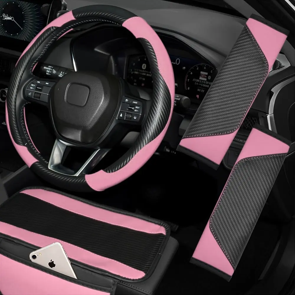 4-Piece Carbon Fiber Leather Look Car Interior Set, Steering Wheel Cover, Shoulder Protector, Armrest Pad, Universal Fit 14.5-15 Inches