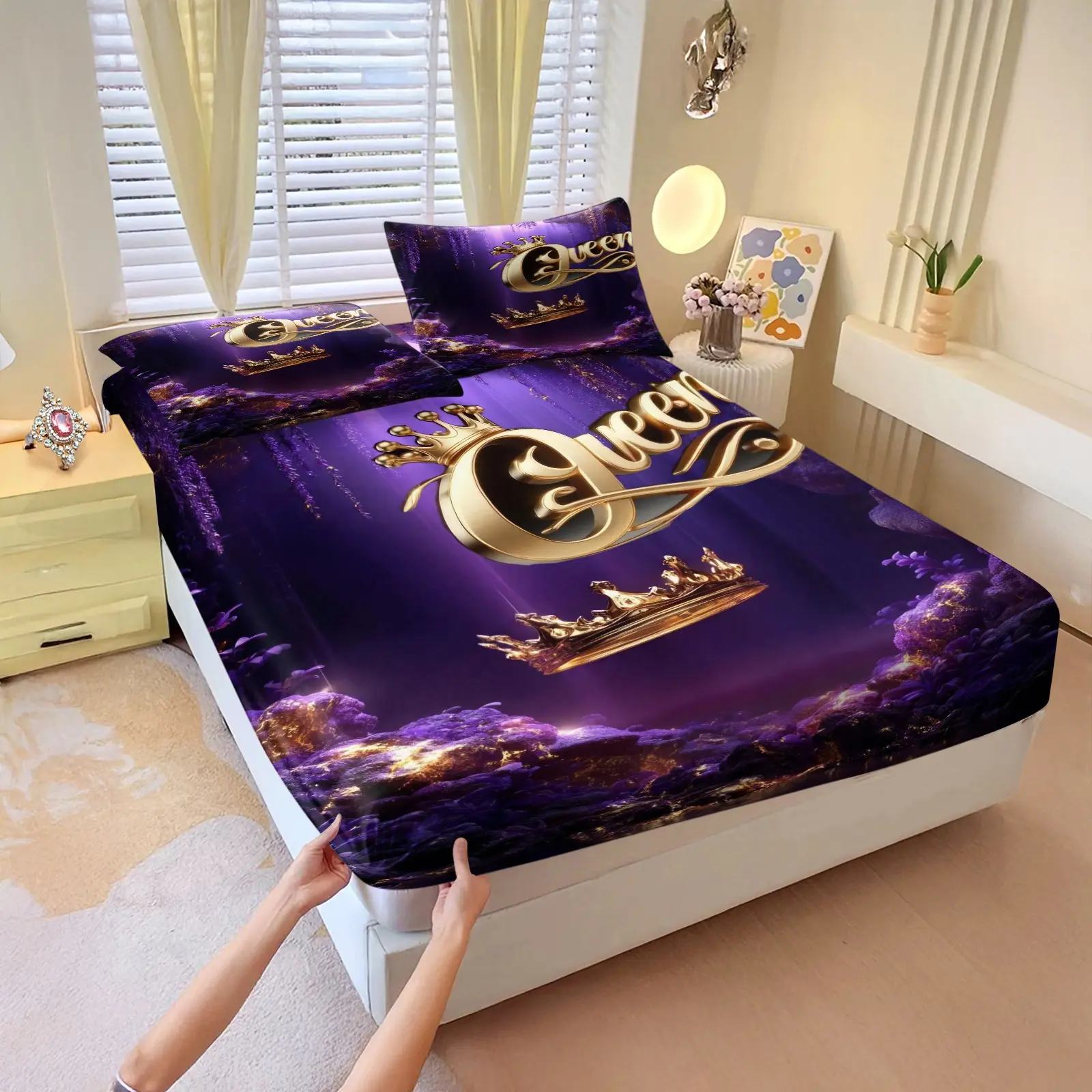 Luminous Dark Purple Cloud Background Queen Script Pattern 3‑Piece Mattress Fitted Sheet Set, No Filling Included, Deep Pocket Bedding Set, Decor for Glam Lifestyle Content Studio, Golden Crown Queen Influencer Room