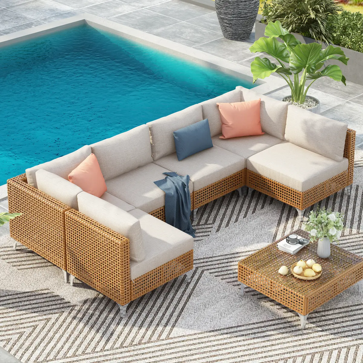 AobtkelK&K 7-Piece Wicker Patio Furniture Set, Outdoor Conversation Set Sectional Sofa with Water Resistant Beige Thick Cushions and Coffee Table for Outdoor Couch, Porch, Backyard - Beige