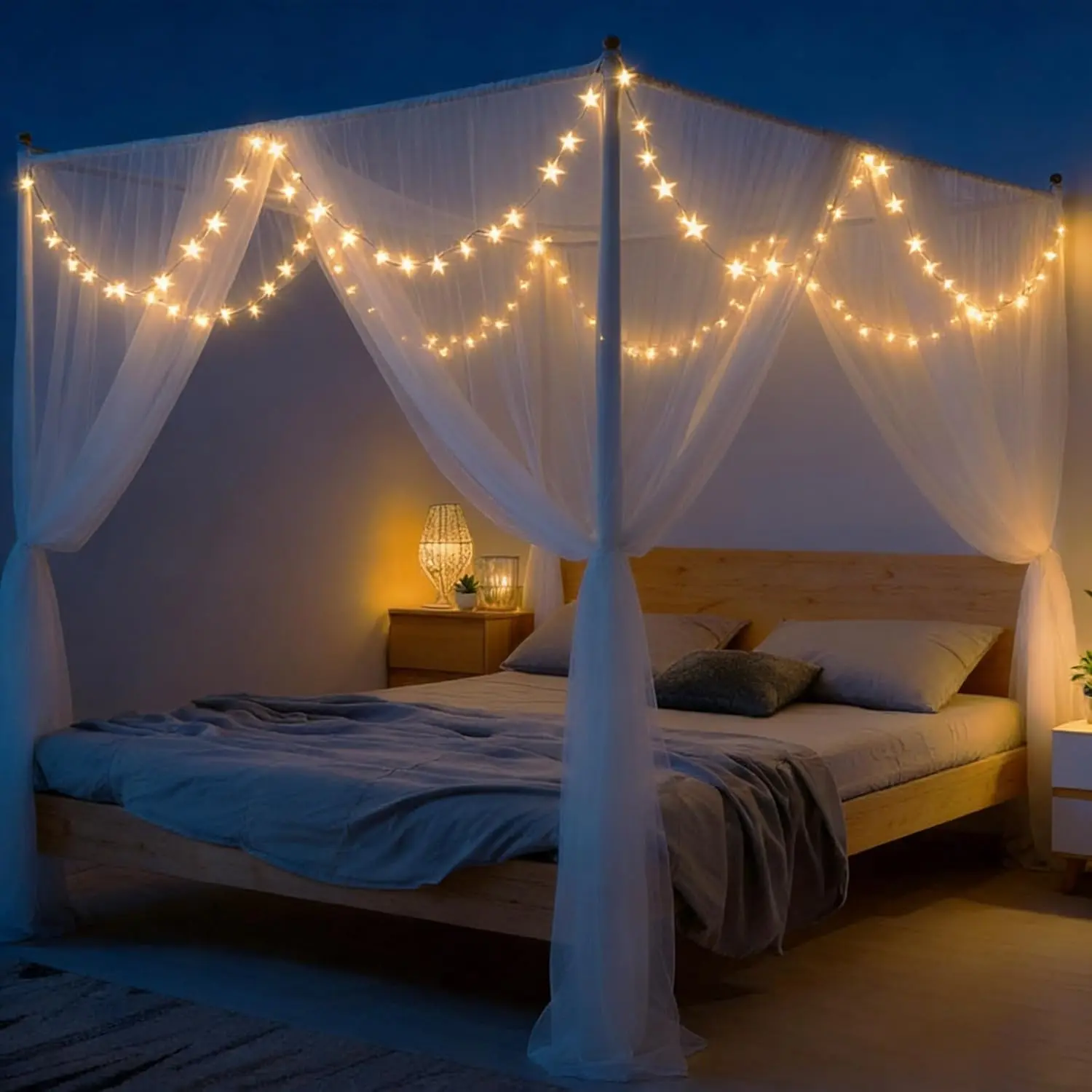 King Size Polyester Classic Square Mosquito Net - 4-Opening, 7.2x6.6x8.5ft White Home Bedding, 66ft LED Star Lights, Breathable, Fits Queen/Full Beds