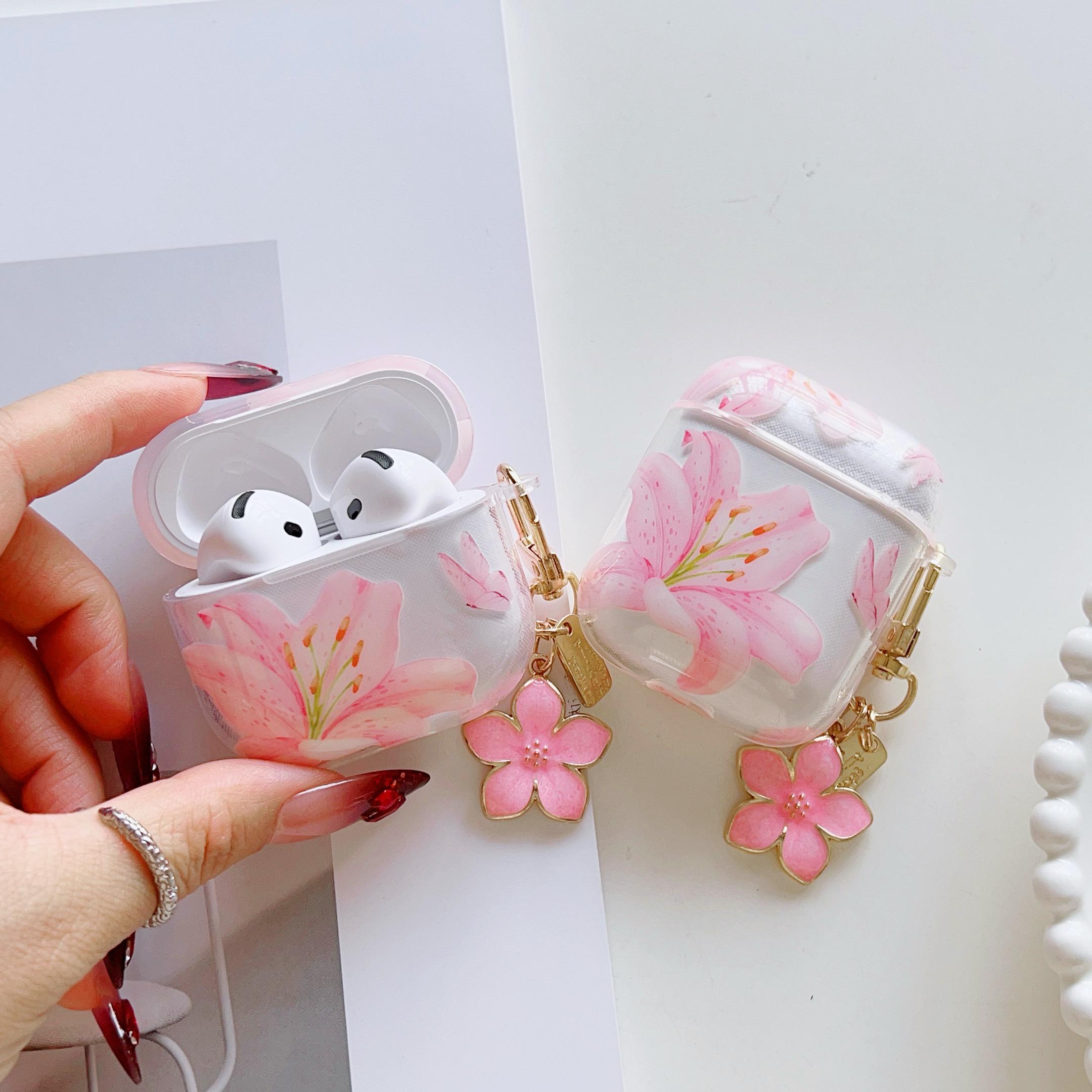 Pink Lily Flower Earphone Case With White Floral Design, Soft Protective Cover Compatible With AirPods Series Models, Anti-Drop Flexible Shell For Daily Carrying And Charging Protection