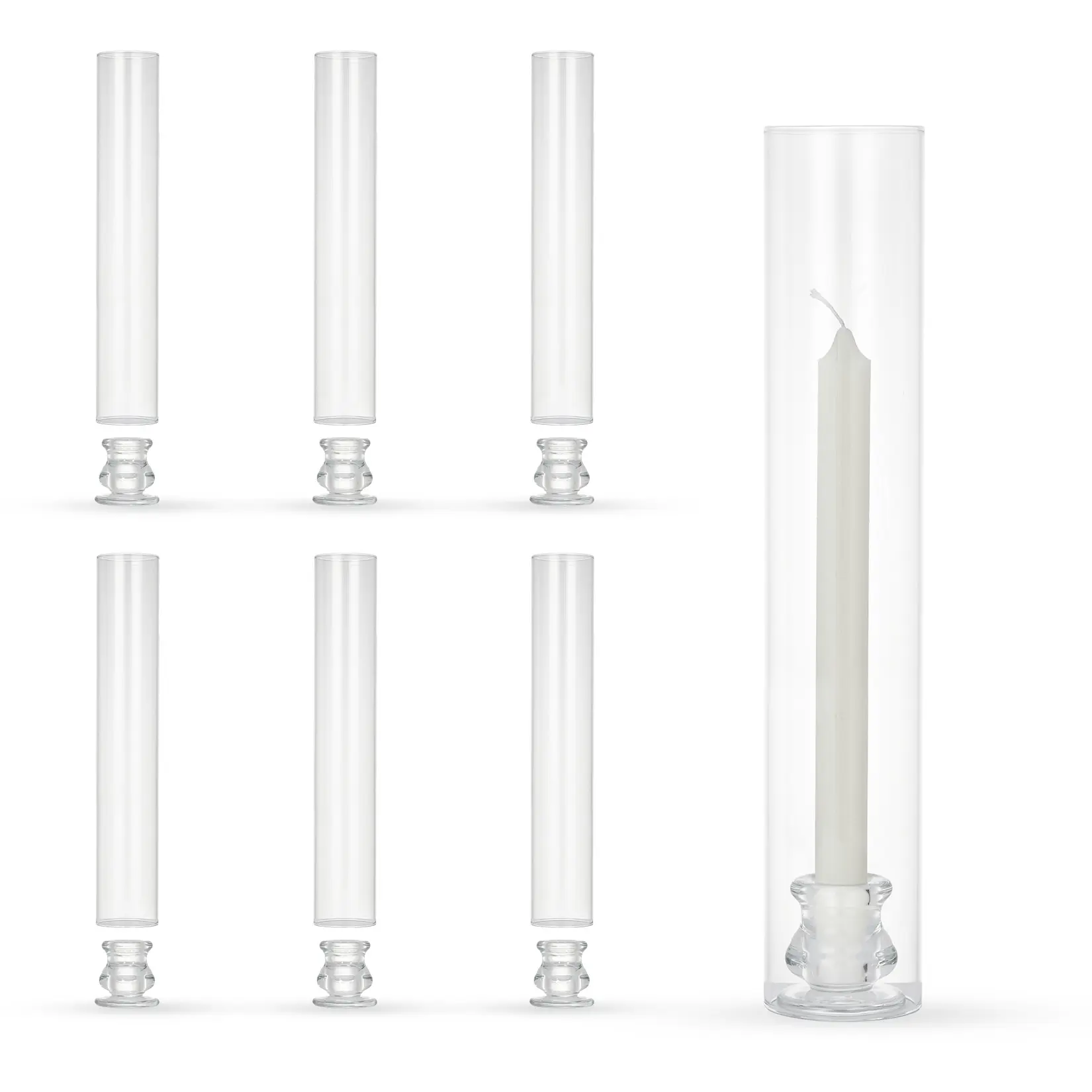 Set of 6 Hurricane Glass Candle Holders 14" Tall, Elegant Taper Candlesticks with Metal Base, Thick Clear Glass Chimney for Wedding Centerpiece, Mantel Decor, Romantic Dining Table