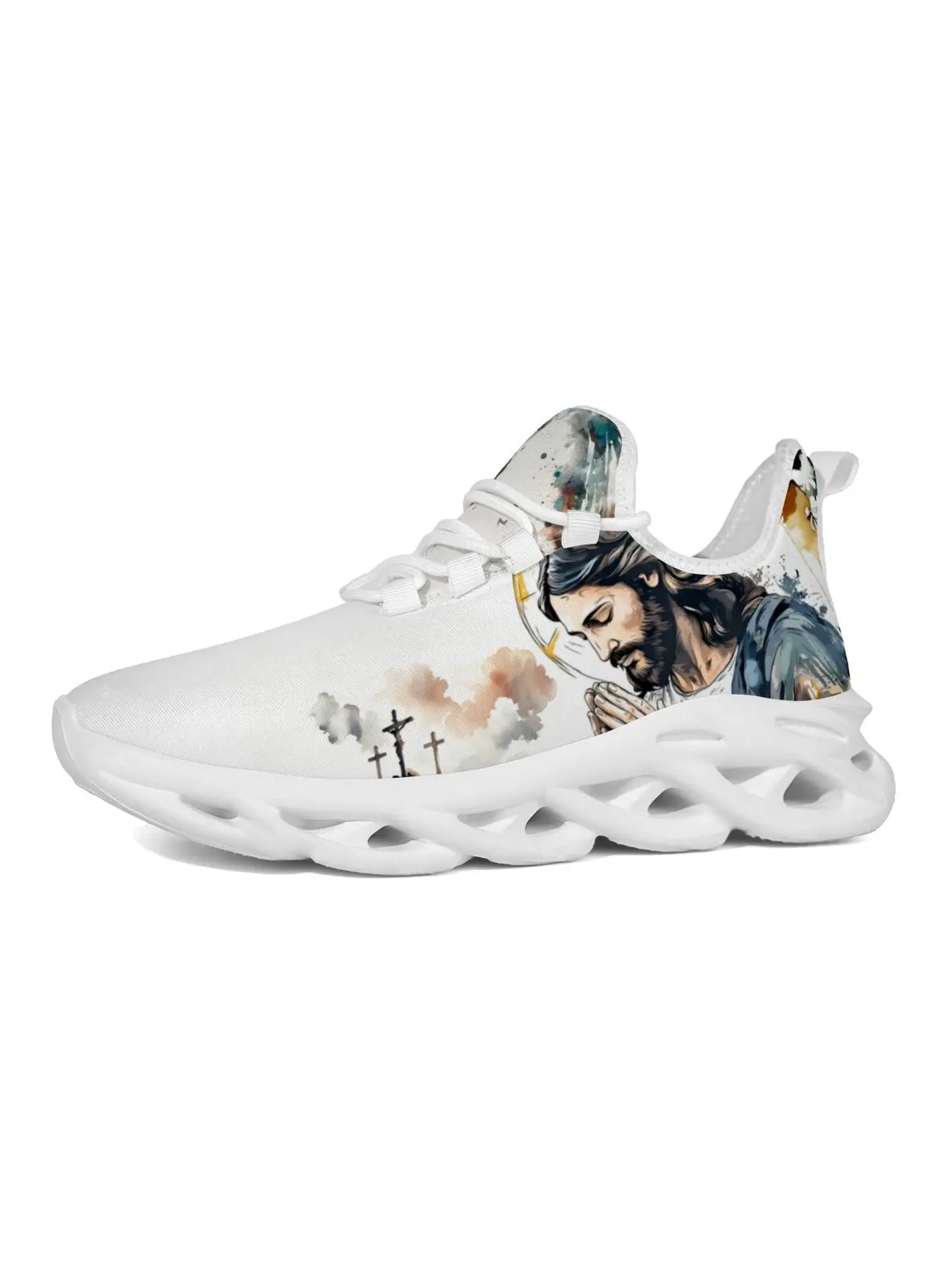 Exclusive Unique Watercolor Praying Jesus Cross Cloud Print Sneakers Wave Blade Cushion Sole Breathable Non Slip Outdoor Running Faith Trainers Unisex Street Footwear