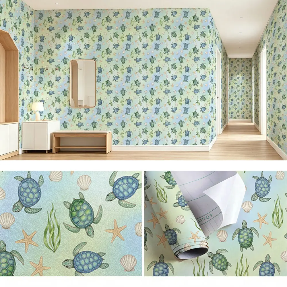 Watercolor Hand-Drawn Turtle Underwater Pattern Wallpaper, PVC Material, Self-Adhesive, Ideal for Kitchen/living Room/bedroom Decor