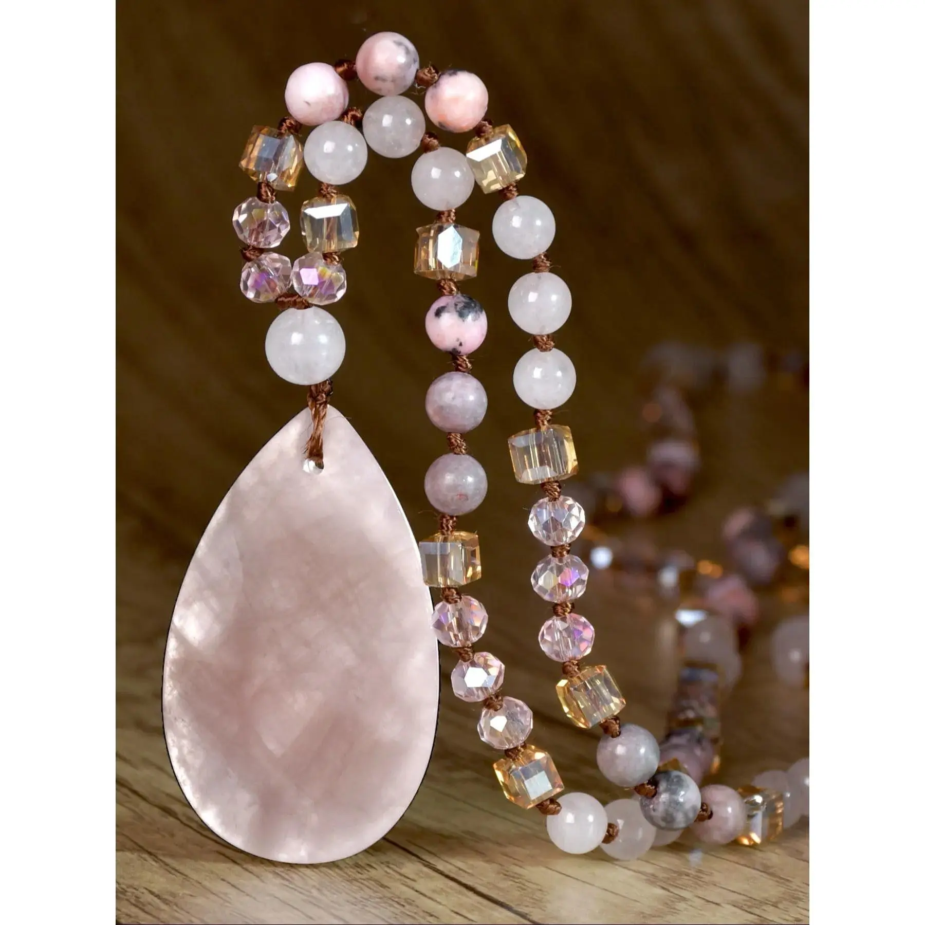 Boho Chic Waterdrop Crystal Pendant Necklace - Handmade 108 Beads Natural Stone Long Beaded Necklace, Vintage Mala Jewelry Gift for Mother's Day & Valentine's