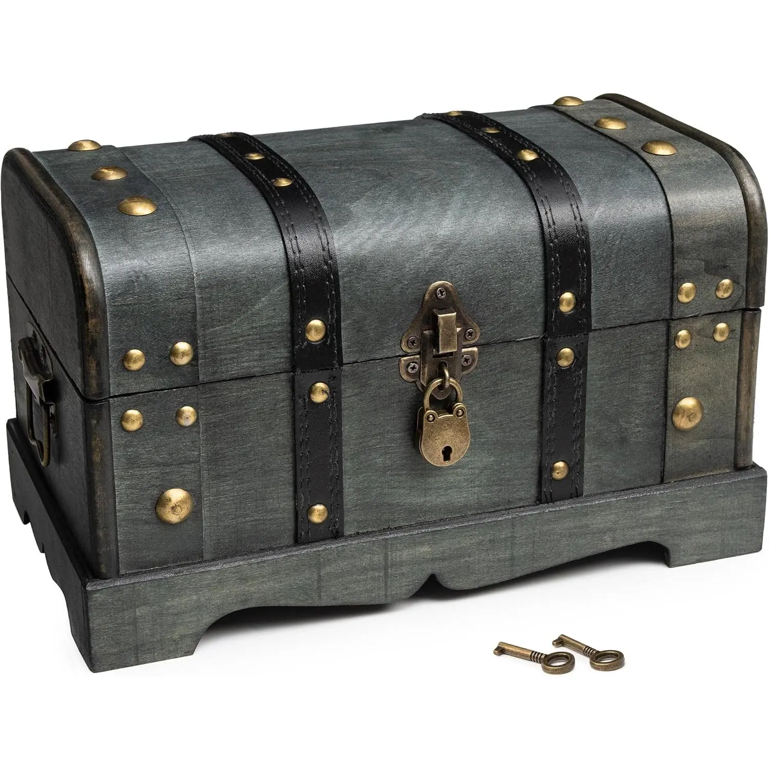 Wooden Treasure Chest Box with Tray – Lockable Vintage Decorative Chest for Storage, Keepsakes, Jewelry – Pirate Wooden Chest Decor (11.8x7x7)