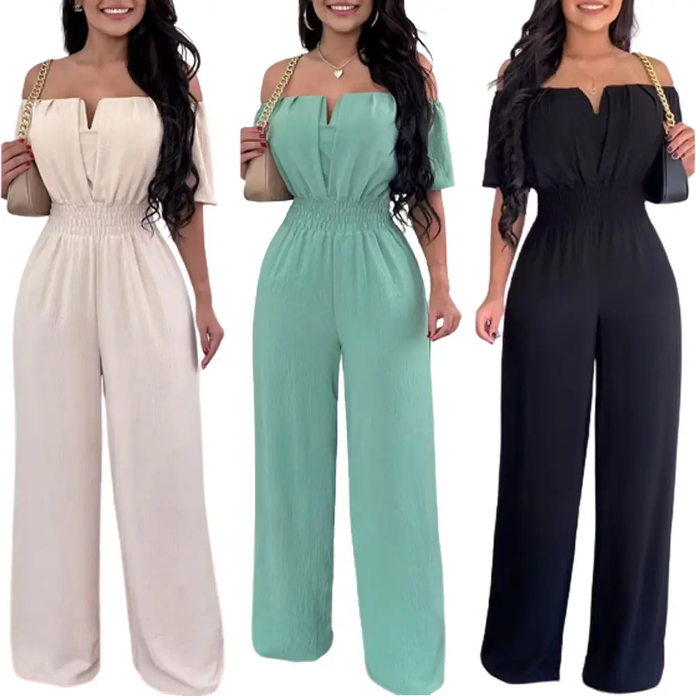 2026 European and American style one-shoulder neckline, waist-cinching, loose straight jumpsuit for women, V-neck versatile work pants for women