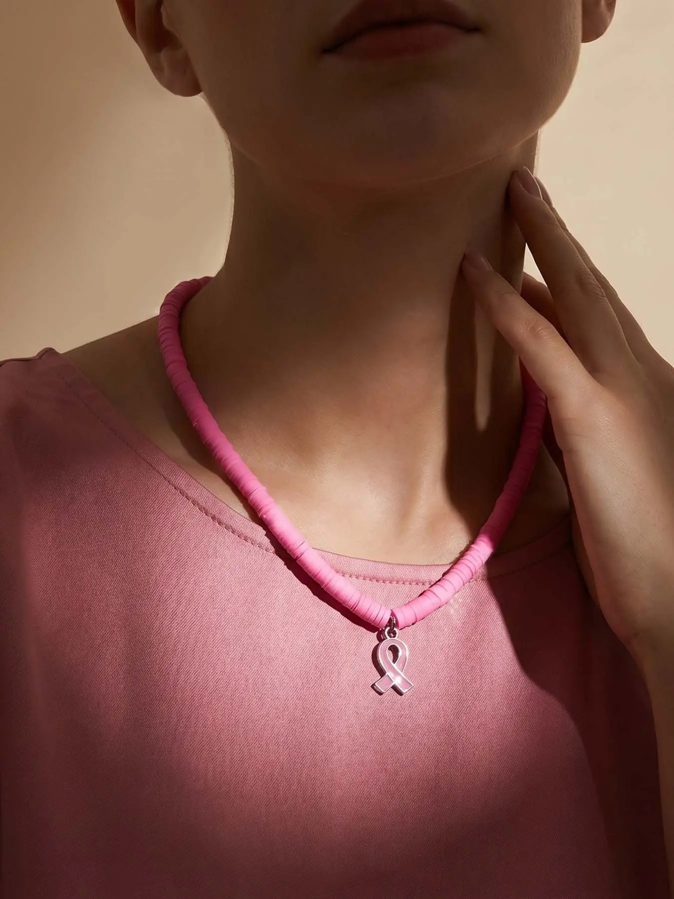 Ribbon Breast Cancer Awareness Necklace, Adjustable Soft Bead Pendant, Charity Support Jewelry, Ideal Gift for Her