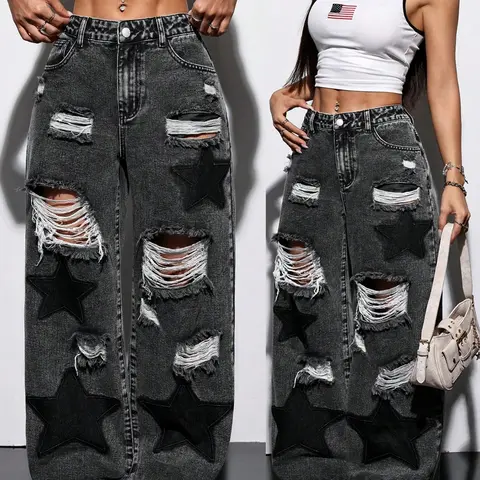 Short Y2K Streetwear High-Waisted Ripped Wide-Leg Jeans, Star Patch Denim Long Pants, Perfect for Casual Parties and Events