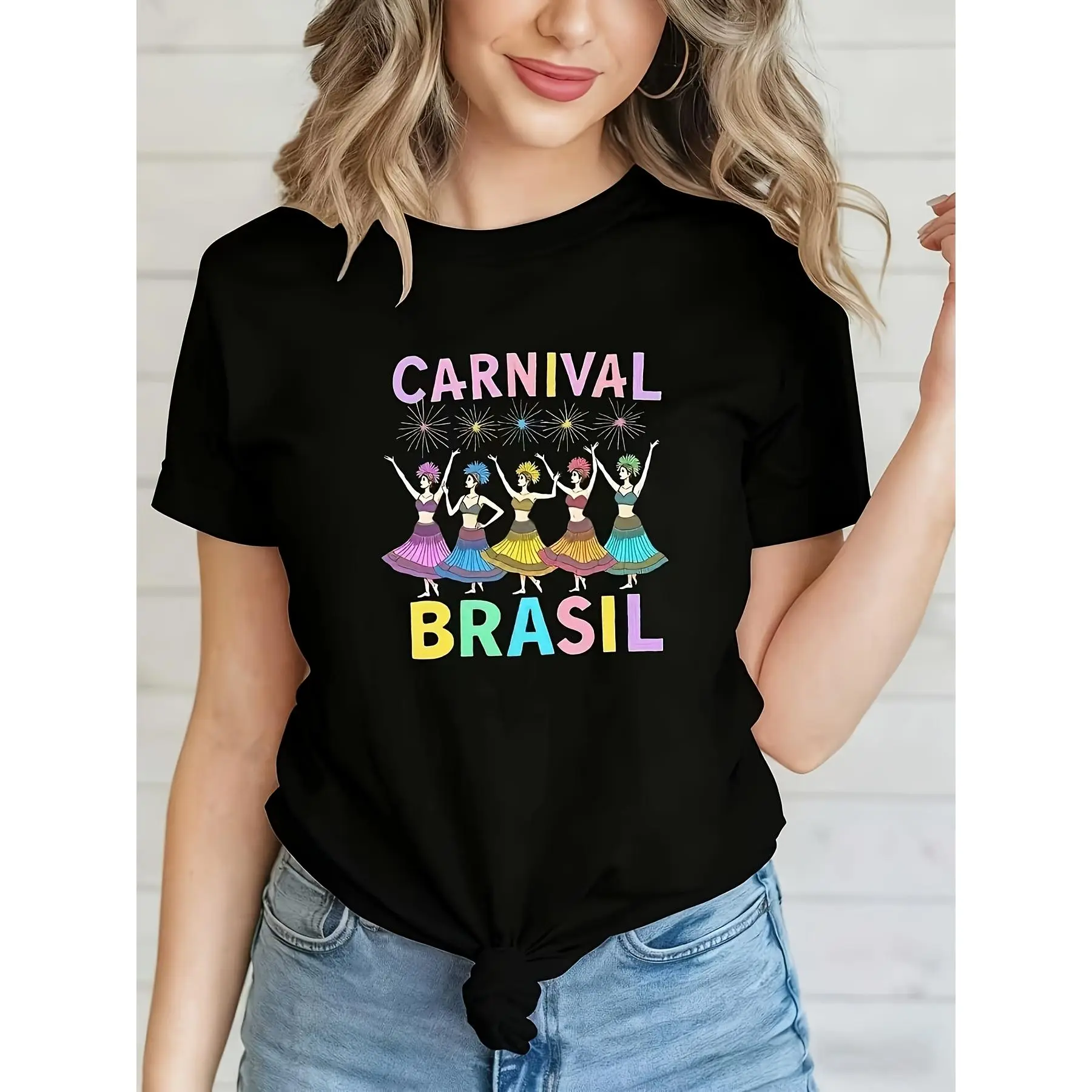 Women's Cotton Fabric Short-Sleeve Round Neck Pullover Top - Carnival Dancer Print, Multi-Color, Slightly Stretchable Fit, Carnival Party & Themed Event Apparel, All-Year Casual Comfort, Tops, Shortsleeve, Knit, Slight Stretch