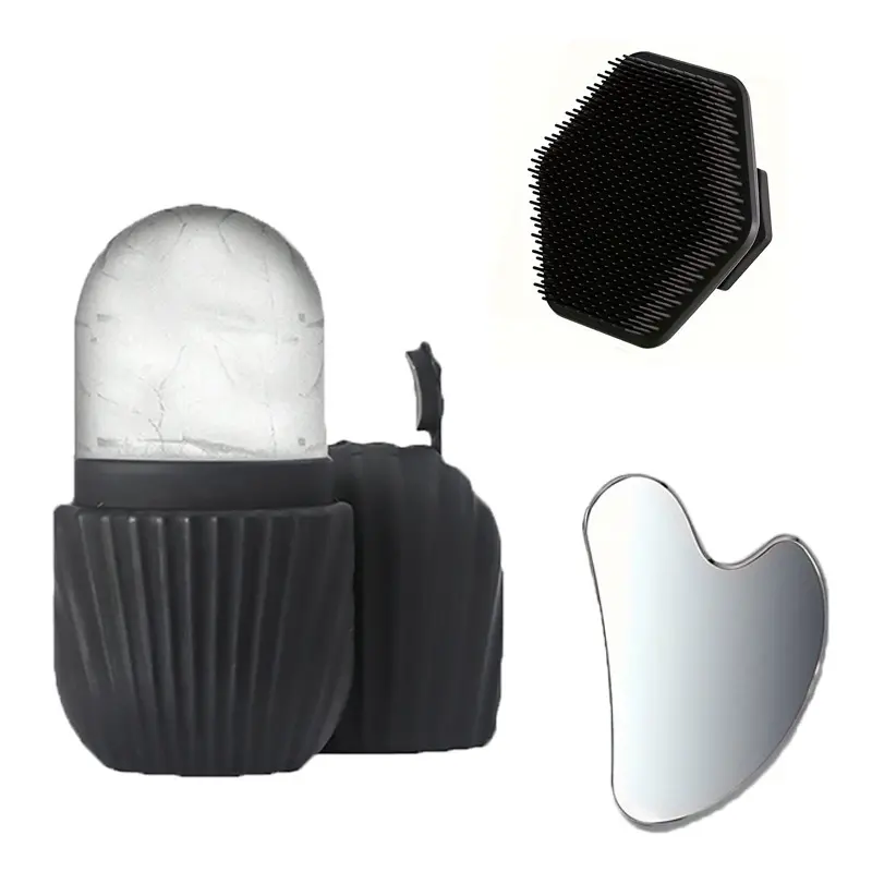 3-in-1 Facial Skincare Set Silicone Ice Compress Roller Mold Stainless Steel Heart-Shaped Gua Sha Board Soft Bristle Cleansing Brush Facial SPA Beauty Tools