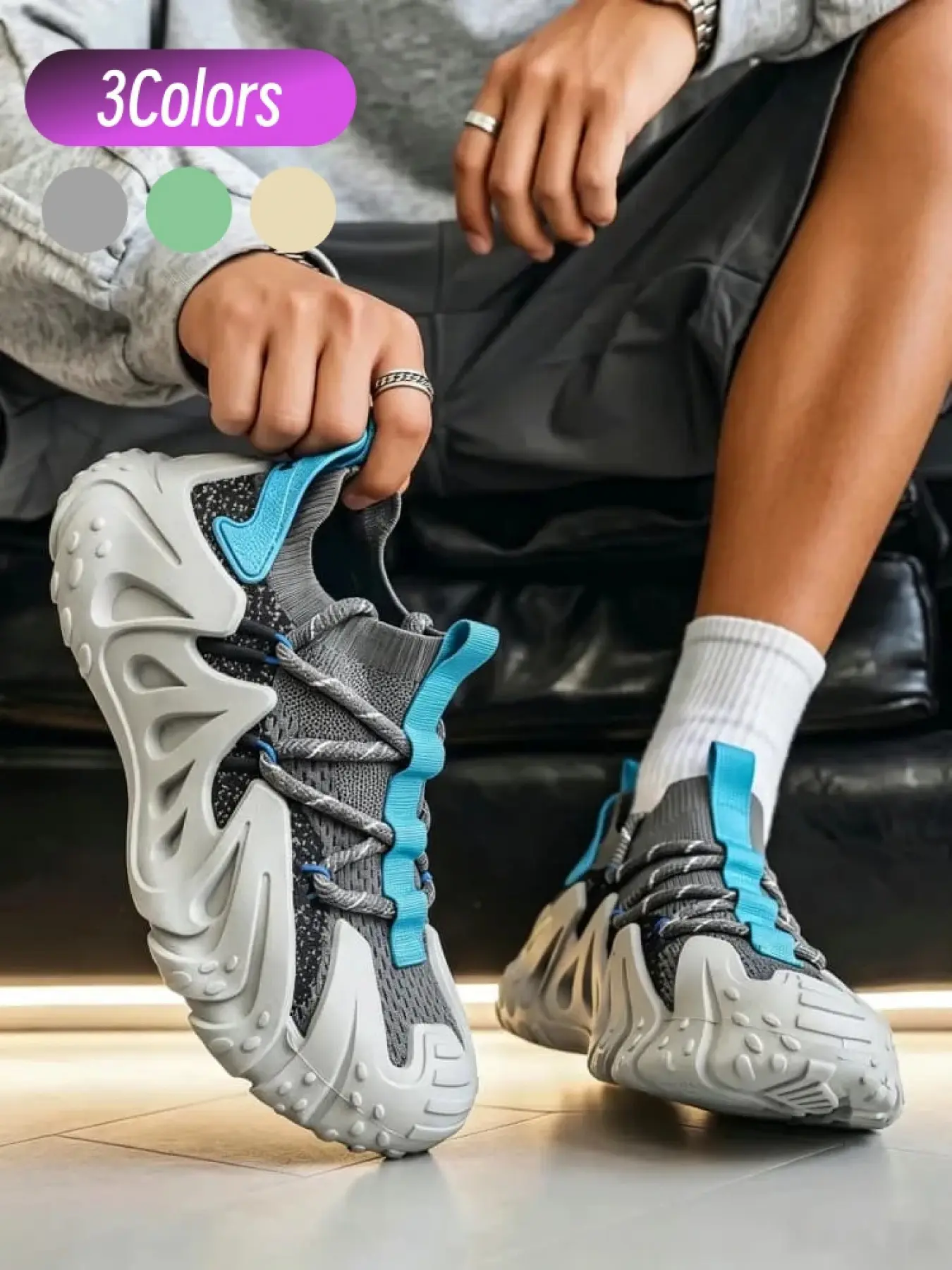 Men Trendy Mecha Hollow Dad Shoes Elastic Fly-knit Sock Fit Feet Breathable Wide Anti-slip Shock-absorbing Platform Casual Trainers Versatile Trend Casual Footwear For Work Camping Short Trips