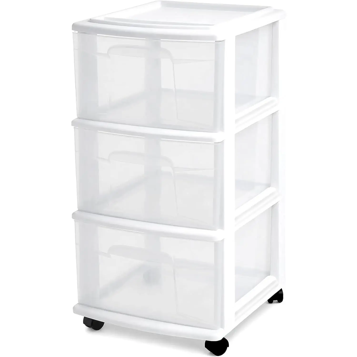 Drawer Tower, 3-Tier Rolling Storage Cart with Removable Wheels, White Frame – Plastic Organizer with Clear Bin Drawers for Bedroom, Bathroom, Home Office, and Dorm Room