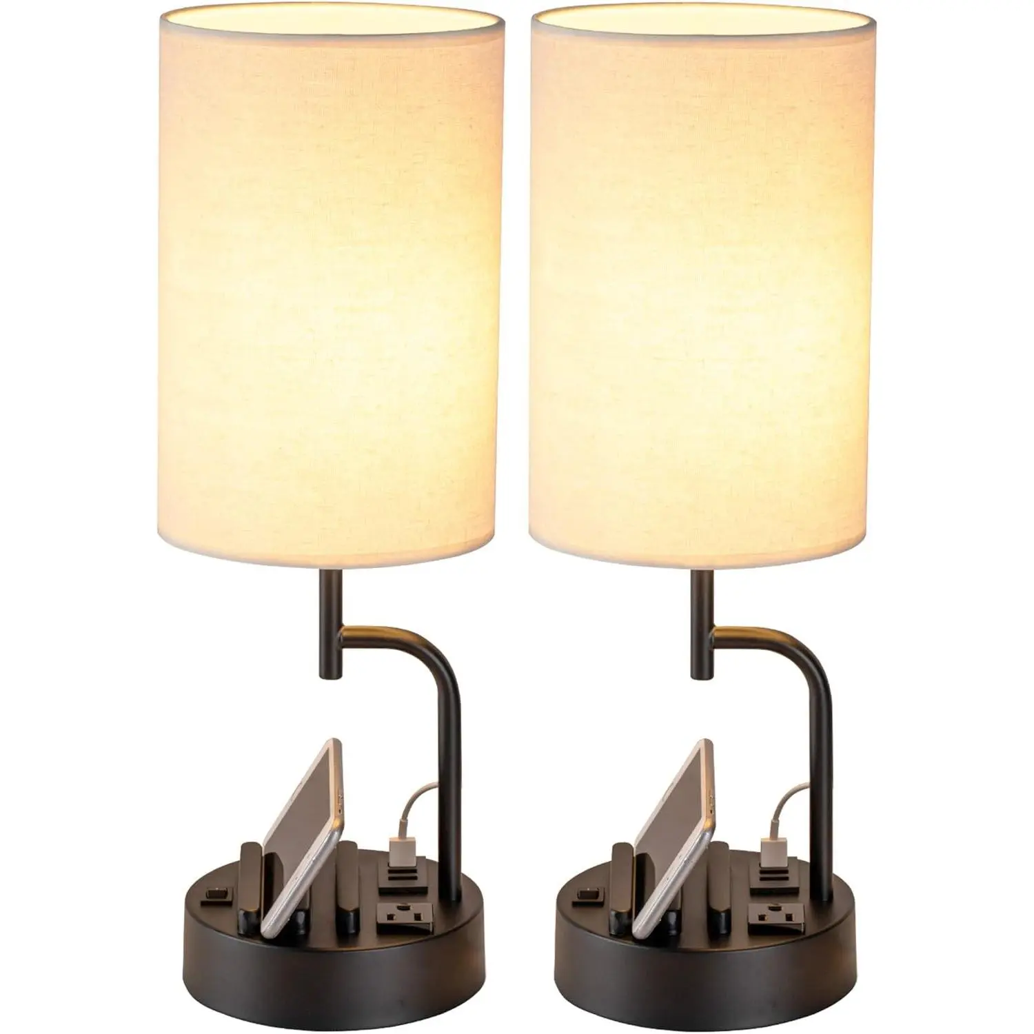 Dreamholder Table Lamp with 3 USB Charging Ports, Modern Desk Lamp with AC Outlet and Phone Stands, Perfect Bedside Lamp for Bedroom, Living Room, Office (Pack of 2), Cream