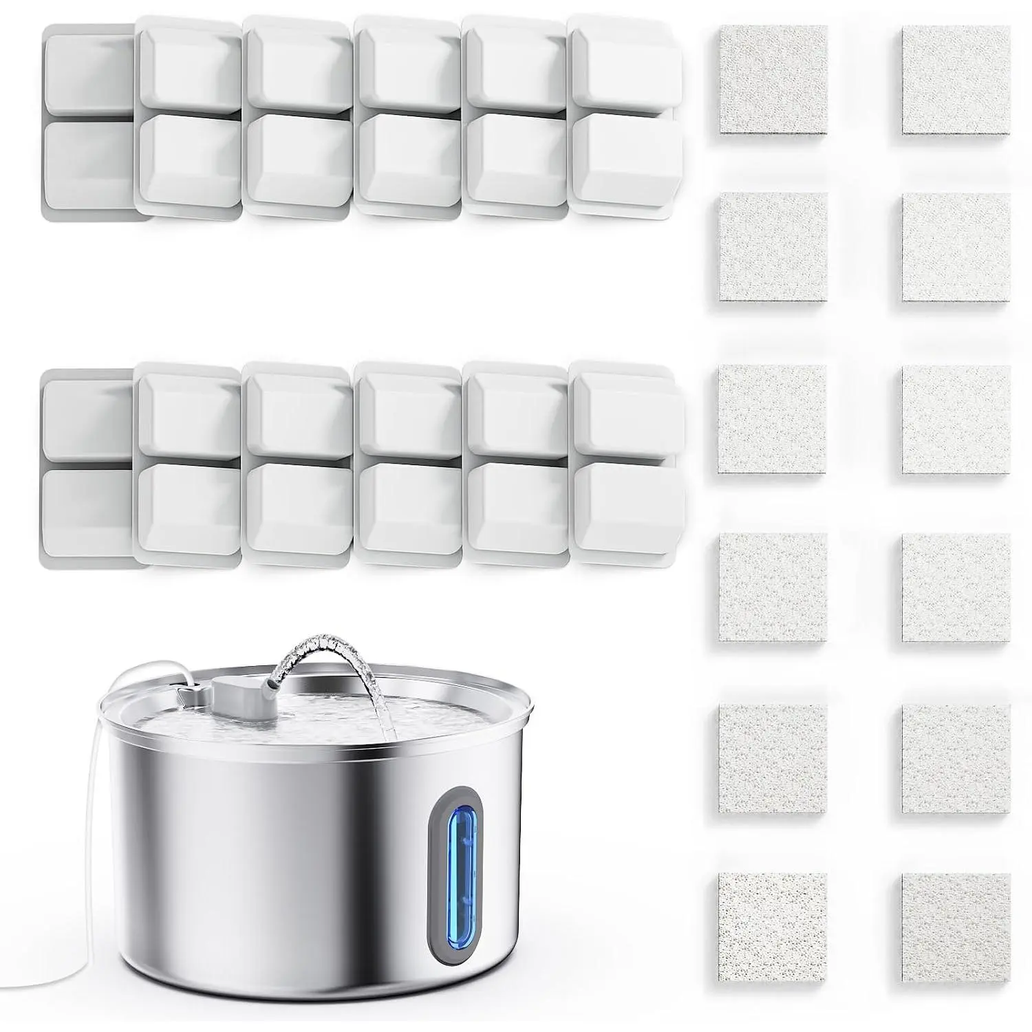 Water Fountain Stainless Steel, 3.2L/108oz  Fountains for Drinking with  Quiet Pump and Large Water Level Window (12 Filters +12 Sponges)