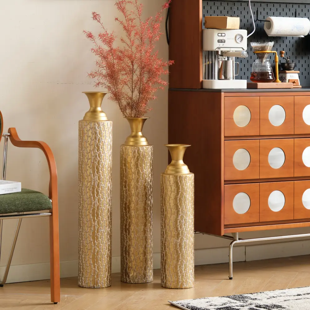 Modern Distressed Finish Gold Metal Round Floor Vase Set - 3 Multi-Size Etched Vine Pattern Pieces, Varied Heights Centerpiece for Living Room, Office, Pampas Grass & Dried Flowers Decor