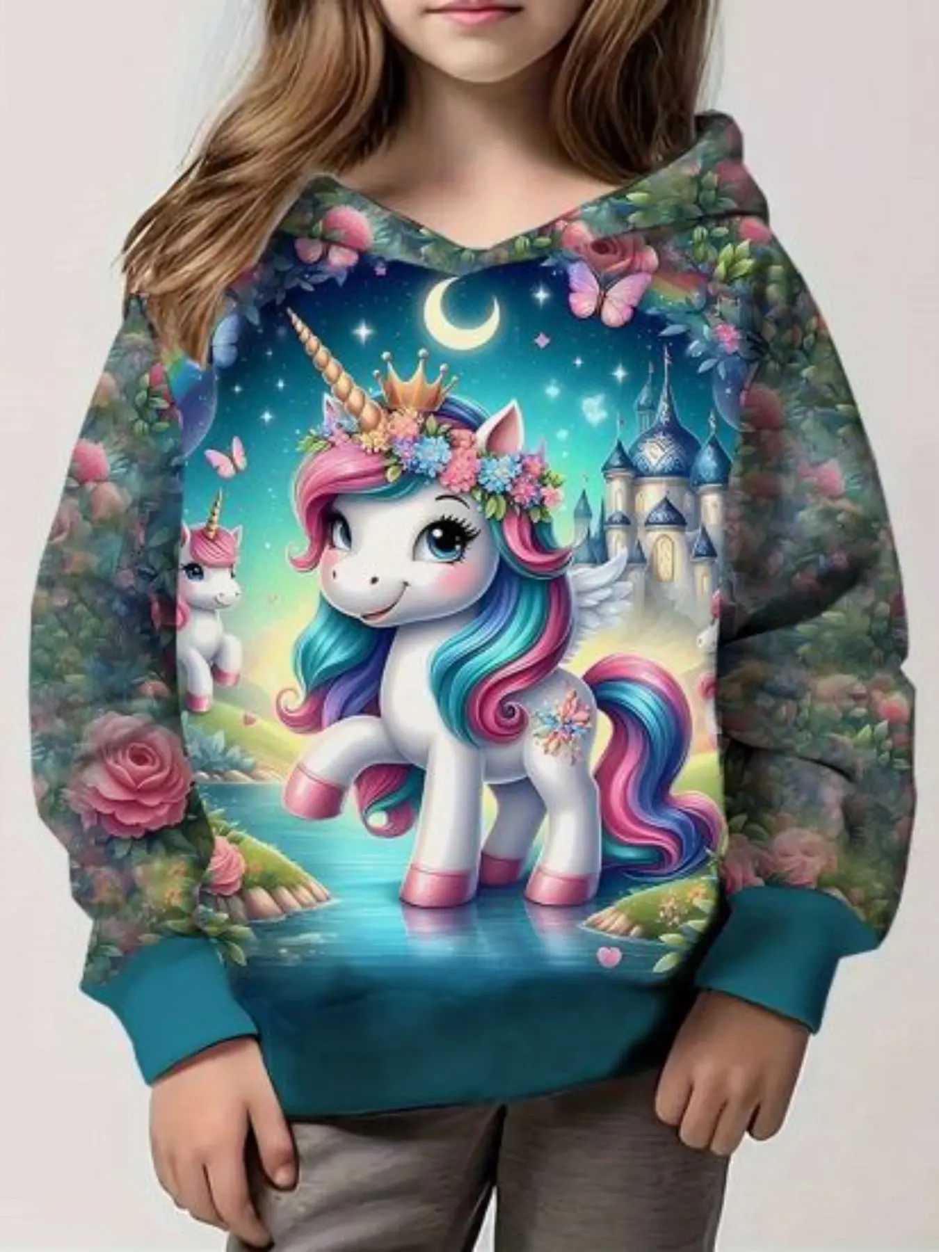 Unicorn and Flower Full Print Hoodie, Cute Kids' Streetwear, Loose-Fitting Spring & Fall Clothing, Perfect Birthday Gift for Girls