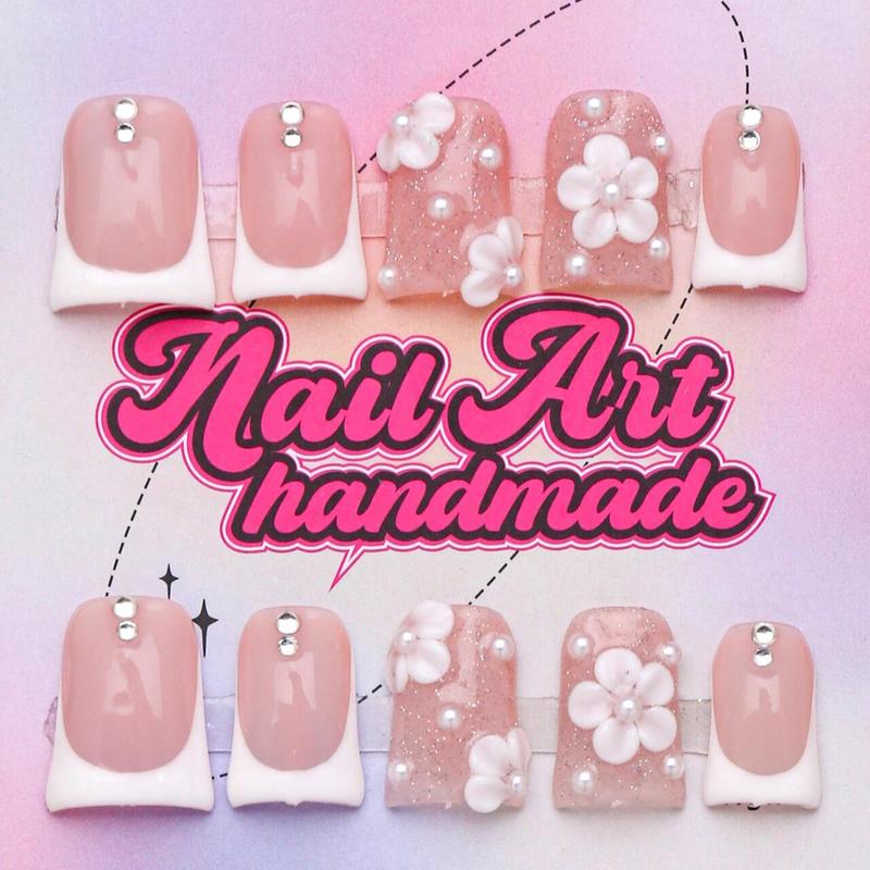 Duckbill Shaped Fake Nail, 10pcs Rhinestone & Flower Decor French Press on Nails for Women & Girls DIY Nail Art, Elegant Stick on Nails Kit, Handmade, Nail Supplies, Fake Nails, Flared Handmade Nails, Sparkly Studded Rhinestone