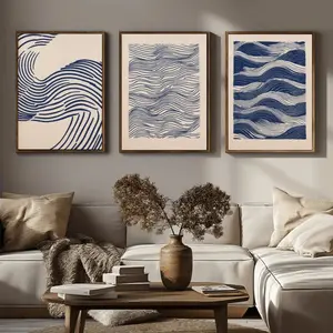 3 Pieces Ocean Waves Abstract Navy Blue Series, Blue Wall Mural, Serene Deep Sea Home Art, Nautical Gallery Decor, Blue Tone Painting, Wall Decor for Living Room and Bedroom, Framed or Unframed.
