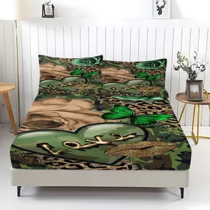 Camouflage Leopard Print Love Heart Pattern Fitted Sheet Set, 3Pcs Edgy Bedding Set, Perfect Edgy Living Room Bedroom Bold Space, Home Decor, Ideal Gift Camo Leopard Lovers. 2 Pillowcase, No Filling