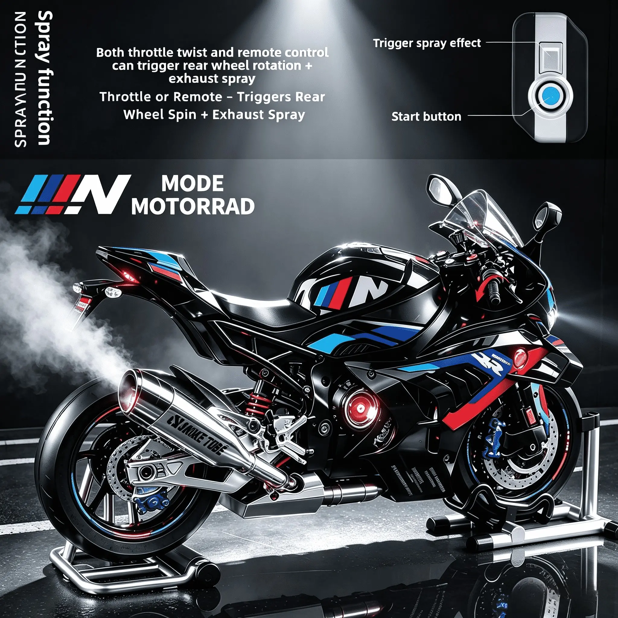 High-end alloy die-cast racing motorcycle model, featuring smoke emission and rotatable rear wheel, equipped with lighting and audio functions. It is an ideal gift for cycling enthusiasts as a birthday or festival collection item or a decorative piece for