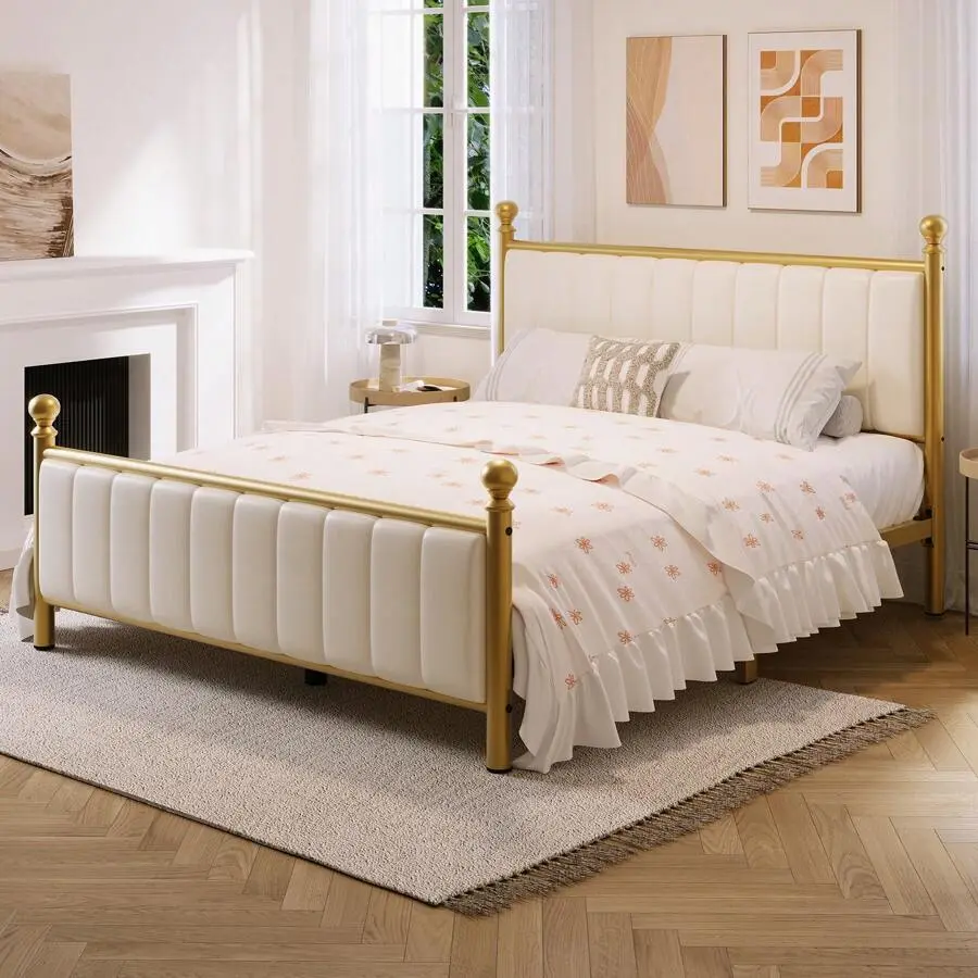 Full/Queen Size Metal Platform Bed Frame With Upholstered Headboard, Under Bed Storage, Noise-Free, No Box Spring Needed, Easy Assembly, White