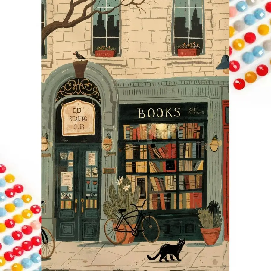 5D Diamond Art Kits for Adults, Cozy Bookshop Painting for Beginners, DIY Full Round Drill Diamond Dots, Dimond Art Paintings, Gem Paint by Diamonds Kit, Retro Reading Club Storefront Black Cat, Vintage Home Wall Decor Gifts