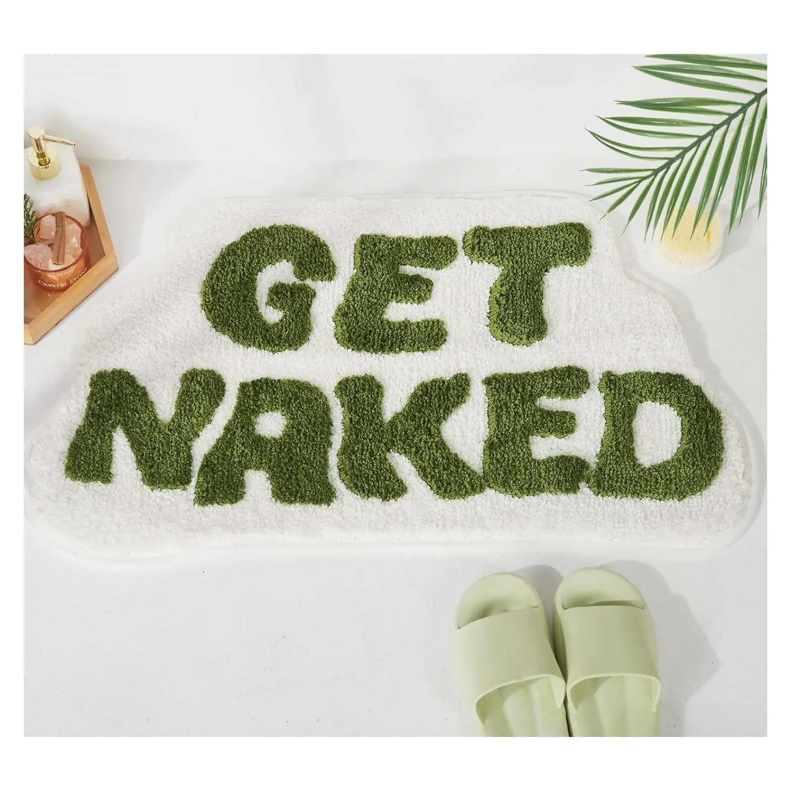 Funny Get Naked Bath Mat - Non-Slip Sage Green Bathroom Rug, Cute Small Bathroom Decor, Irregular Shape, 31" x 18"Gift